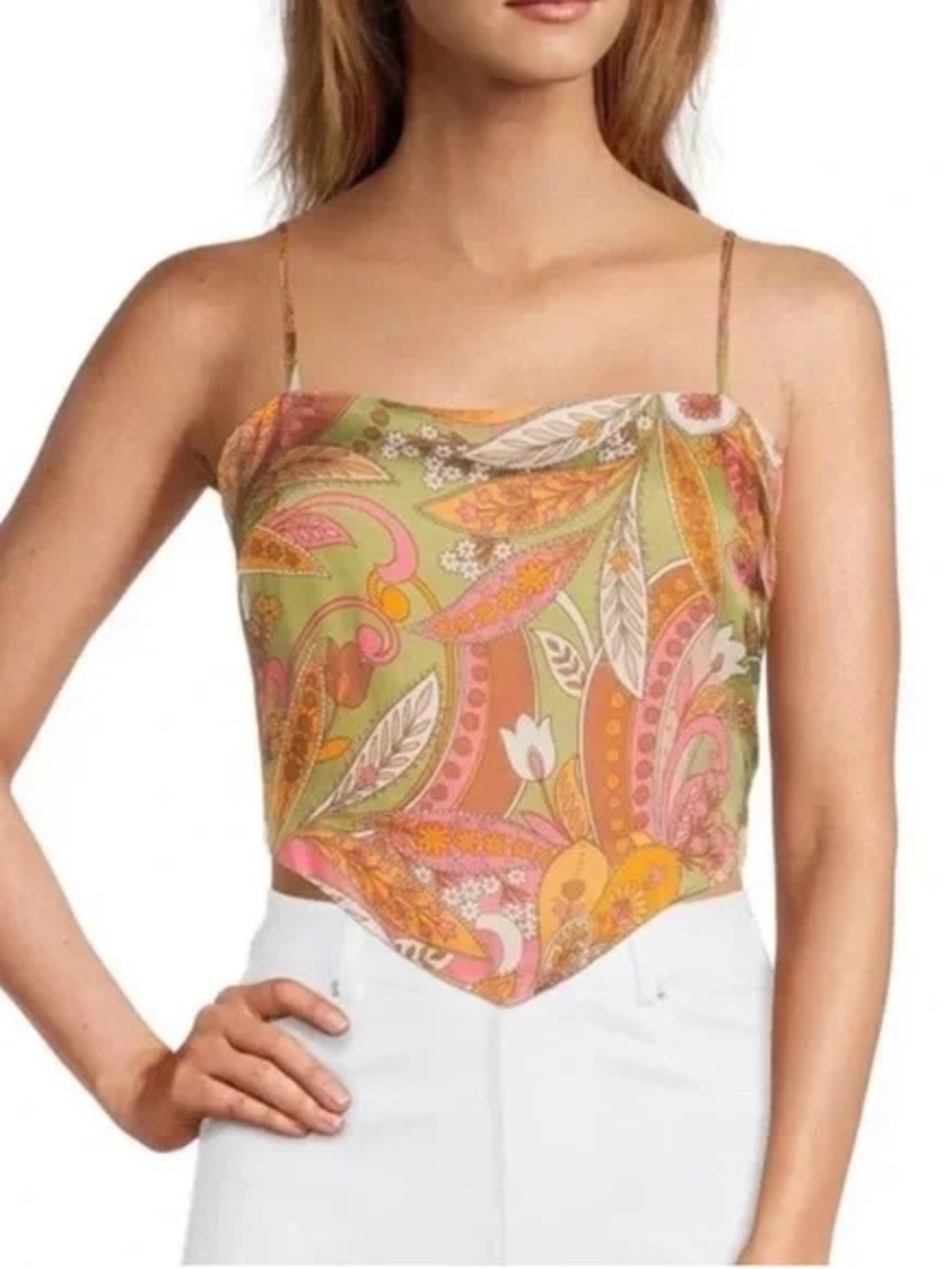 Gianni Bini Olive Paisley Handkerchief Hem Cami with Pink & Orange Accents